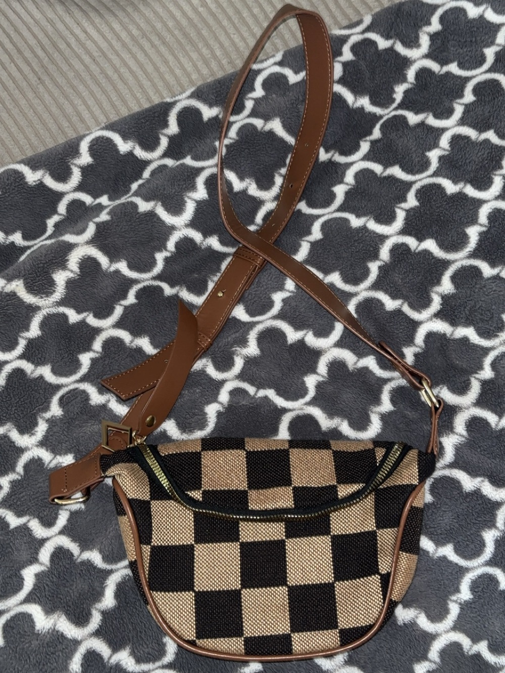 Brown Checkered Crossbody Bag with Adjustable Strap and matching wallet